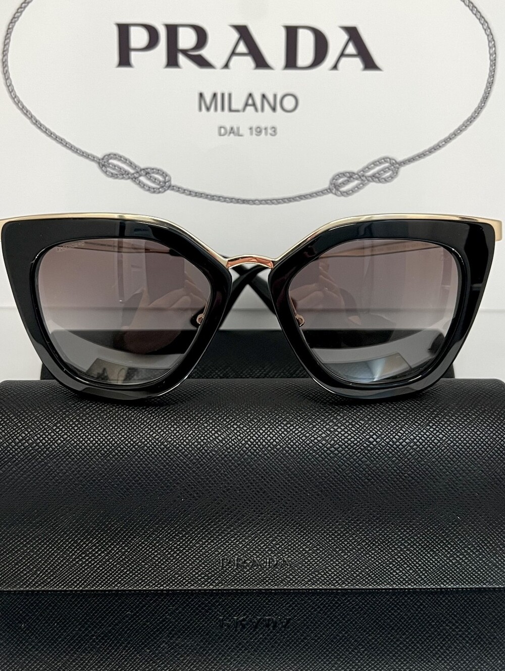 Prada Milano SPR 53S Sunglasses — Black & Gold Oversized Geometric Cat-Eye